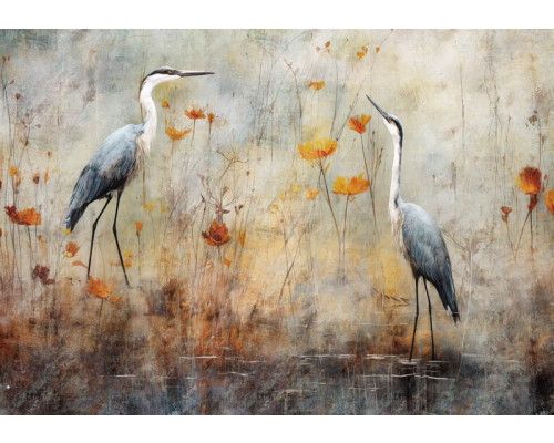 Fotobehang van schilderachtige reigers bij een meer, met een kunstzinnige weergave van vogels.