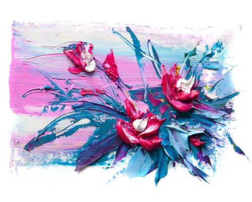 Fotobehang met abstracte bloemen in een kunstwerk van verf op doek.