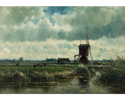 Fotobehang van een geschilderde molen met landschap, rustiek en traditioneel.