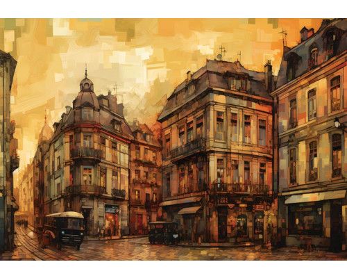 Een schilderij van een oude stad, afgebeeld in vintage stijl op dit sfeervolle fotobehang.