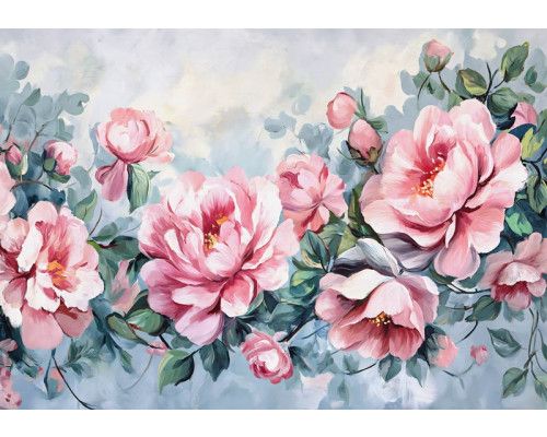 Fotobehang van een schilderij van pioenrozen, met een kunstzinnige bloemenweergave.