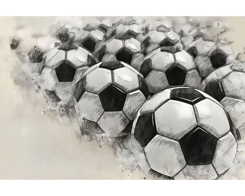 Fotobehang van een artistieke schildering van voetballen in verschillende posities, weergegeven in een dynamische compositie.