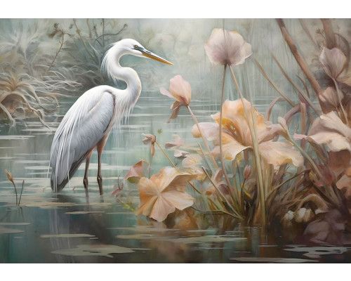 Een sierlijke reiger die in het meer staat, omringd door bloemen, prachtig weergegeven op dit fotobehang.