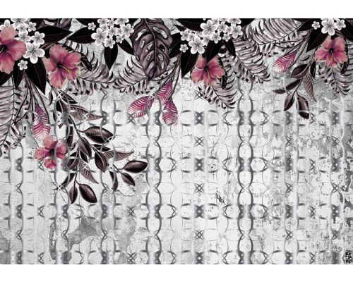 Fotobehang met sierplanten op betonmuur, roze bloemen en planten voor een zachte uitstraling.