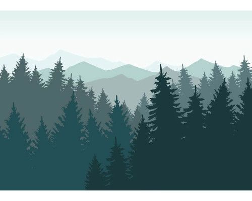 Fotobehang Silhouet van Dennenbomen en Bergen