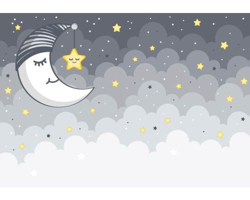 Fotobehang van slaap zacht thema met sterren, maan en wolken.