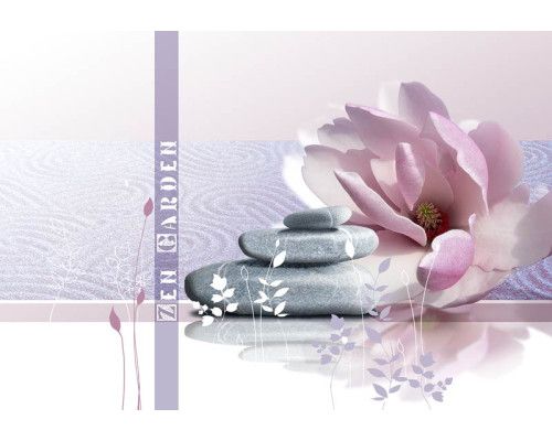 Zen-tuin fotobehang, met roze stenen en bloemen, ideaal voor een serene en rustgevende sfeer.