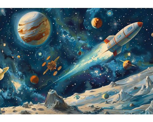 Fotobehang van een space adventure met ruimtevaart, planeten en sterren, perfect voor kinderen die van de ruimte houden.