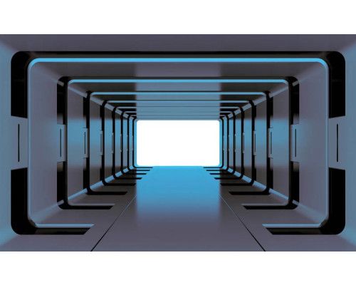 Fotobehang van een 3D space tunnel, met een futuristische en abstracte weergave.