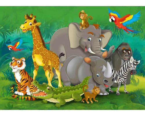 Fotobehang met speelse dieren uit de jungle zoals een olifant, giraffe, neushoorn, zebra, tijger en een krokodil.