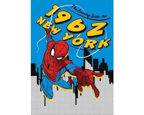 Spiderman fotobehang uit 1962, New York setting in een retro Marvel stijl.