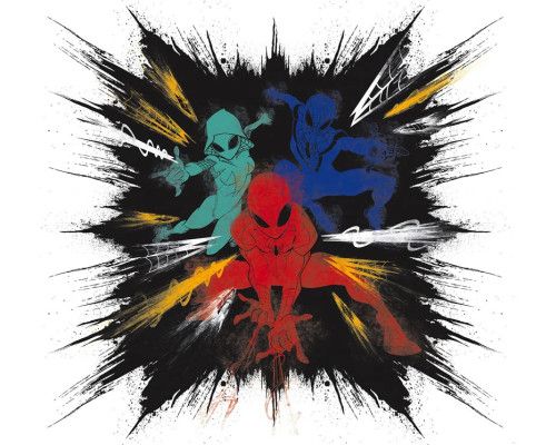 Spiderman kleur explosie fotobehang met grafische elementen en levendige kleuren.