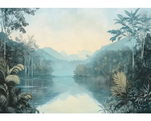 Fotobehang met een spiegelend meer omringd door dicht tropisch oerwoud en weelderige begroeiing.