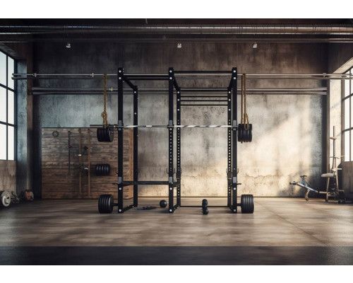 Fotobehang van een sportschool power zone met halters en gewichten, perfect voor fitnesskamers.