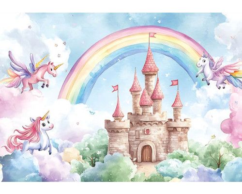 Fotobehang sprookjeskasteel in een magisch unicorn paradijs met een regenboog, vliegende unicorns en zachte aquarelkleuren.