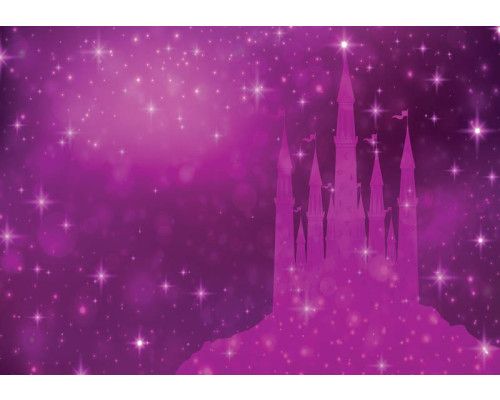 Fotobehang van een sprookjeskasteel met een prinses en sterren.