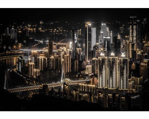 Fotobehang van een stad in de nacht, moderne skyline.