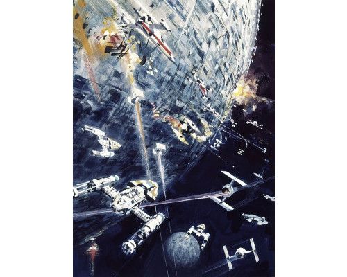 Star Wars dogfight fotobehang met epische gevechten tussen X-wings en TIE Fighters in de ruimte, met de Millennium Falcon in actie.