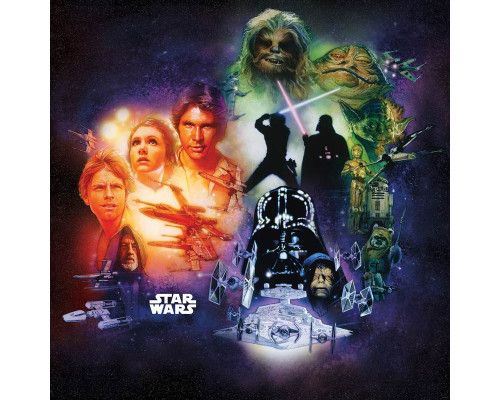 Star Wars classic poster collage, met alle iconische figuren van de saga, ideaal voor fans.