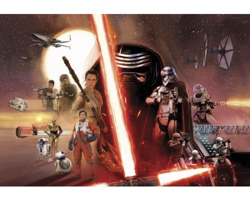 Fotobehang van de helden uit Star Wars Episode VII in een collage, ontworpen voor een stoere kamer.