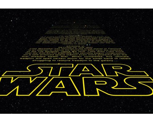 Star Wars intro fotobehang met de iconische gele tekst die door de ruimte zweeft.