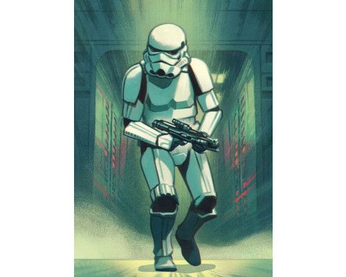 Fotobehang van een Stormtrooper print, met het iconische masker van de soldaat uit de Star Wars saga, gedetailleerd en realistisch afgebeeld.