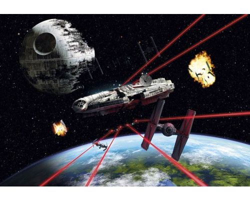 Star Wars Millennium Falcon fotobehang, een spannende scène met het iconische ruimteschip.