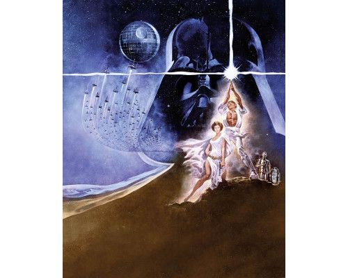 Klassieke Star Wars poster met iconische scènes en personages, zoals Luke Skywalker, Princess Leia, en Darth Vader.