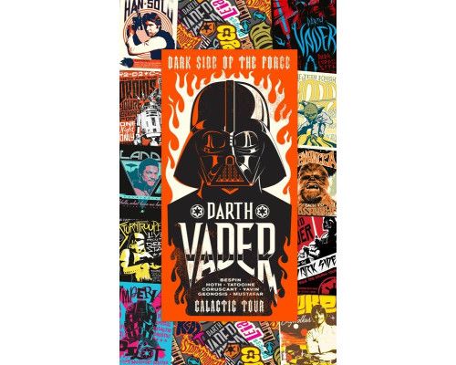 Star Wars Rock On Posters fotobehang toont verschillende iconische Star Wars posters in een kleurrijke collage.