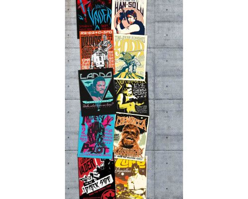 Star Wars Rock On Wall fotobehang toont iconische Star Wars karakters op een verweerde muur in graffiti-stijl.