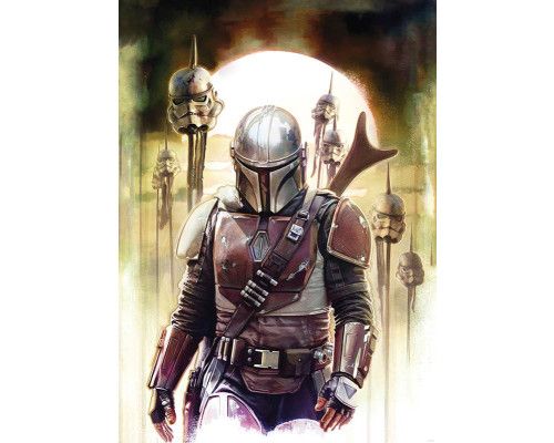 The Mandalorian Impaler fotobehang, met een actievolle scène van de Mandalorian die zich een weg baant door vijandige troepen.