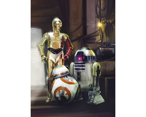 Fotobehang van drie iconische droids uit Star Wars: R2-D2, C-3PO, en BB-8.