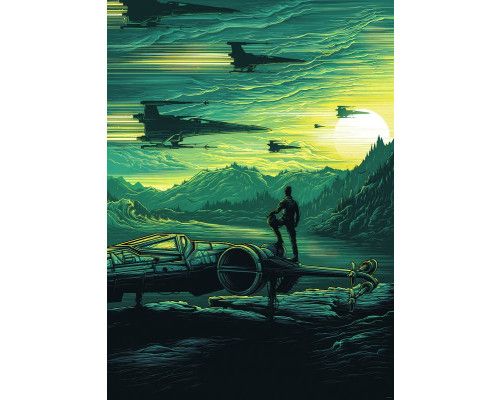 X-Wing Assault Takodana fotobehang toont een luchtaanval op Takodana, met X-Wing gevechten en explosies in de lucht.