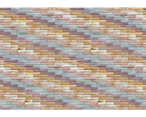 Fotobehang met een steenmotief van gekleurde bakstenen in een muur, industrieel en stijlvol.