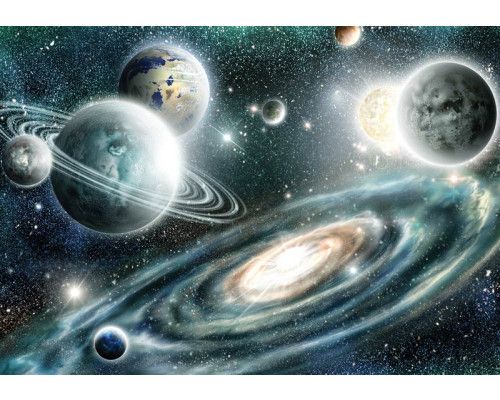 Planeten en sterren in de kosmos, met een weergave van de ruimte die tot leven komt op dit fotobehang.