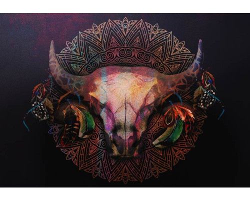 Fotobehang van een stierenschedel met een mandala, in een mystiek ontwerp met hoorns.