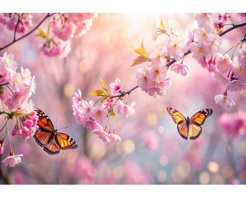 Een prachtig fotobehang met stralende roze kersenbloesems en sierlijk fladderende vlinders in de lente, tegen een zachte, rustige achtergrond.