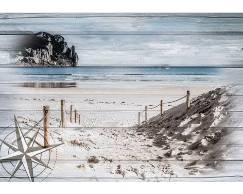 Fotobehang van een strand met zeezicht, weergegeven op een houten planken achtergrond.