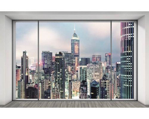 Een moderne skyline van een stad, weergegeven in een abstract fotobehang, perfect voor een stedelijk thema.