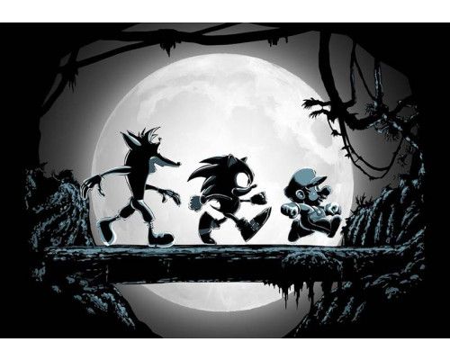 Een fotobehang met Super Mario, Sonic en Crash Bandicoot, waarbij de iconische gamehelden silhouetten vormen terwijl ze bij volle maan over een boomstam lopen in een mysterieuze setting.