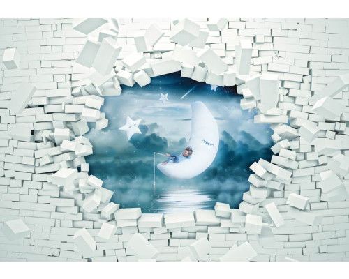 Sweet Dreams met een 3D-effect van een gebroken muur op fotobehang, speciaal voor babykamers.
