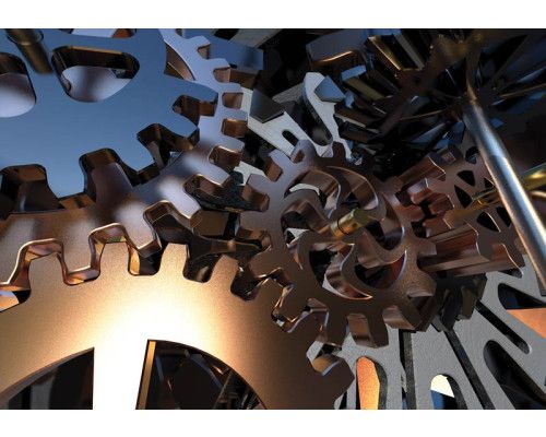 Fotobehang van tandwielen in 3D, met een industriële uitstraling.