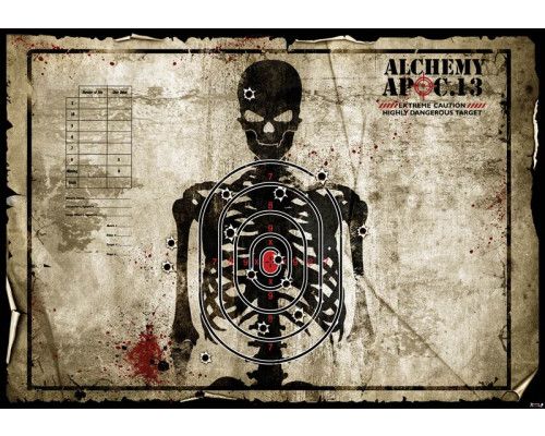 Fotobehang van een schietkaart met een skelet en target, robuust en industrieel.