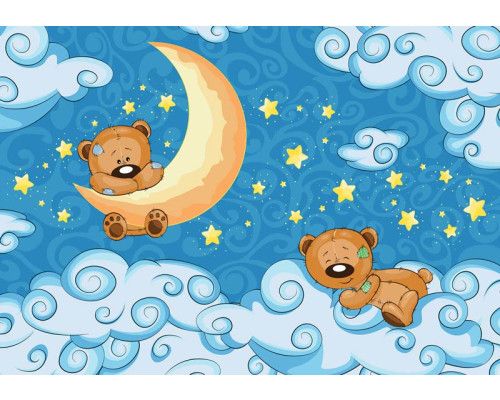 Fotobehang van teddybeertjes in een babykamer met wolken, schattig en zacht.