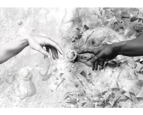 De Schepping van Adam, imitatie fotobehang van een abstract kunstwerk voor een artistieke sfeer.