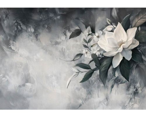 Fotobehang met een tijdloze witte bloem in een moderne compositie met zachte schaduwen en neutrale tinten.