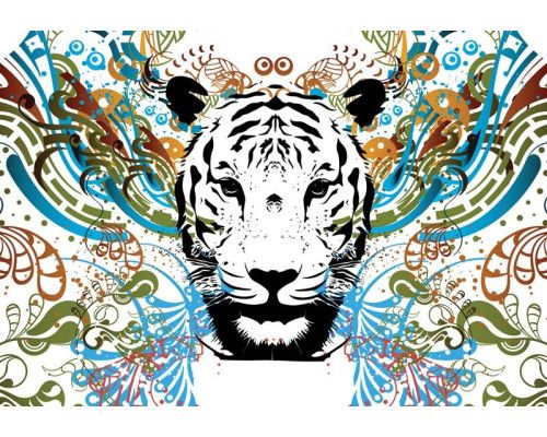Fotobehang van een tijger met abstracte kunst, gedurfd design.
