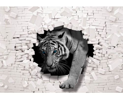 Fotobehang met een tijger die uit de muur breekt, 3D-effecten met abstracte bakstenen.