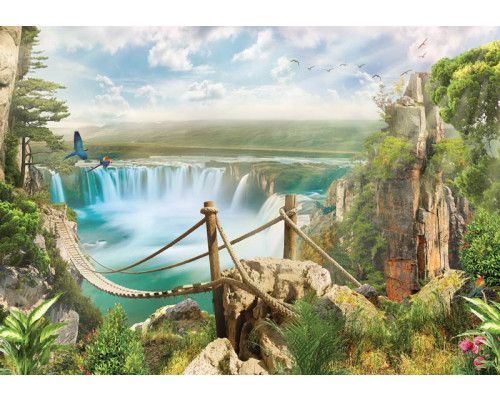Touwbrug over een waterval in een sprookjesachtig junglelandschap op fotobehang.