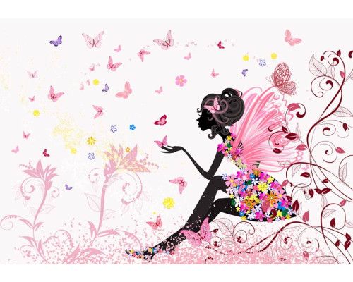 Sprookjesachtig fotobehang met toverfeeën en vlinders, wat een fantasievolle en betoverende uitstraling geeft.